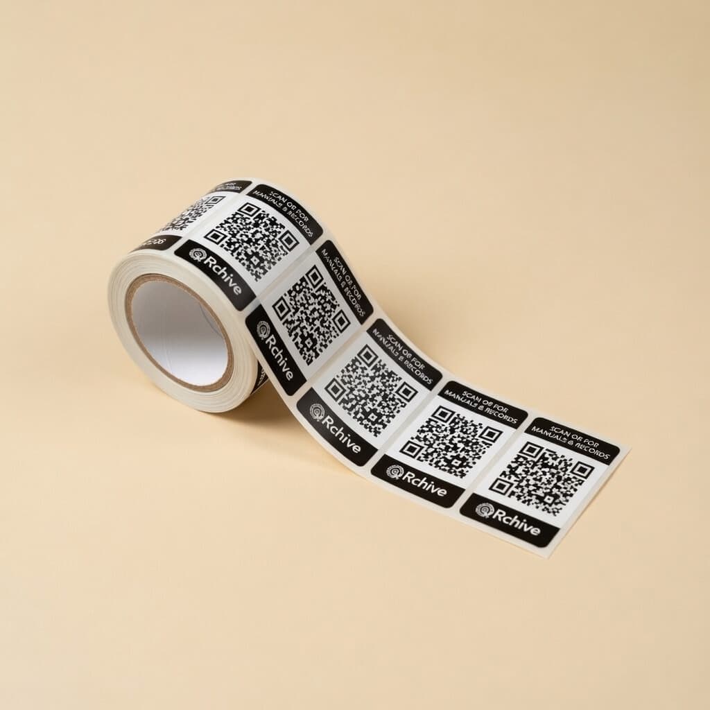 A roll of 25 QRchive labels — weatherproof polyester stickers on a 1-inch core, printed in Port Alberni